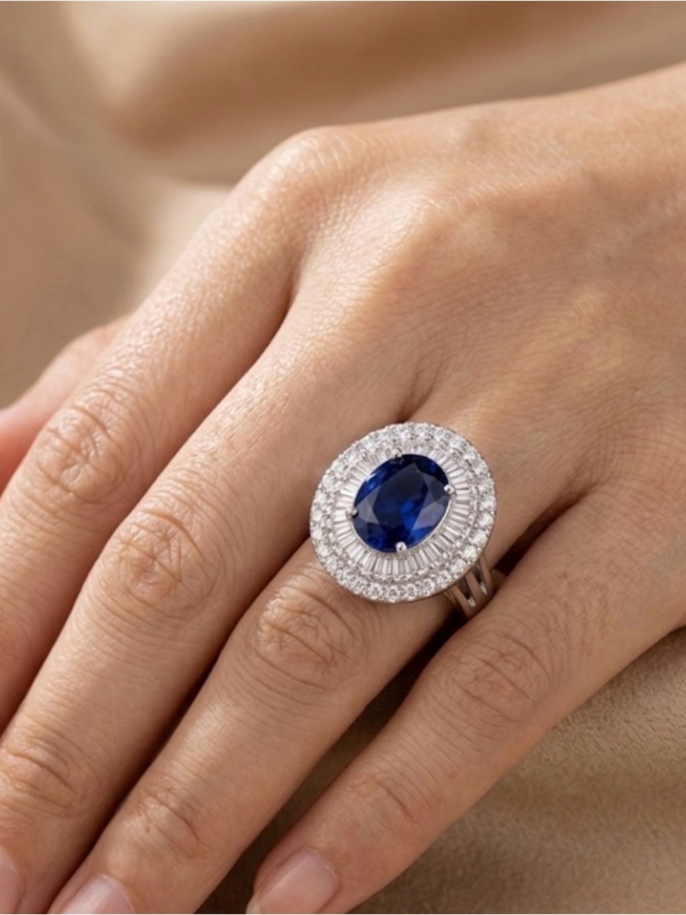 Stunning Blue Sapphire CZ Double Halo cocktail ring size 7